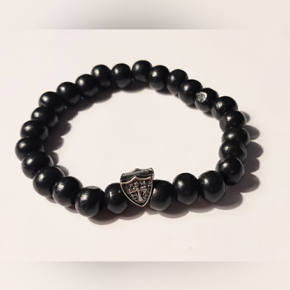 Men's bracelet‎ beaded cross black new d40